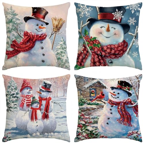 fokusent Christmas Snowman Pillow Covers 18 x 18 Inch Set of 4 Winter Decorative Throw Pillow Covers Xmas Snowflake Cushion Covers for Sofa Couch Home Decor