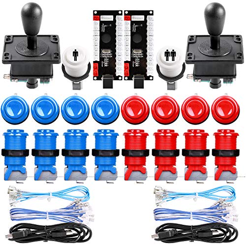 Easyget Classic Arcade Game DIY Parts for Mame USB Cabinet 2X Zero Delay USB Encoder + 2X 8 Way Classic Arcade Joystick + 18x Happ Style Push Button Blue + Red Color Kits