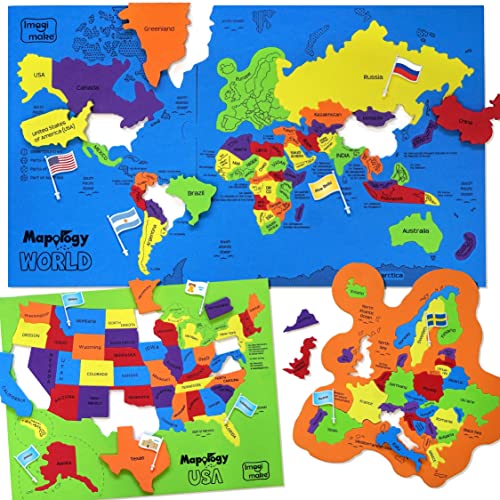 Imagimake Mapology USA & World Map Puzzle with Flags, Capitals, Stickers | Educational Toys for Ages 5-7 | Jigsaw Puzzles for Kids Ages 8-10 | Geography Toys for Ages 8-13 | 6 Year Old Boy/Girl Gifts