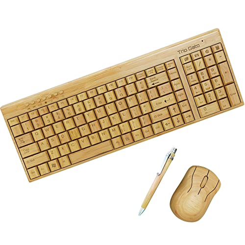 Wireless Bamboo Keyboard and Mouse – Natural, Handmade, Eco-Friendly. Compact Keyboard with 2 Keypads. 3-Button Mouse with Scroll Wheel. Comes with a Wooden Pen by Trio Gato
