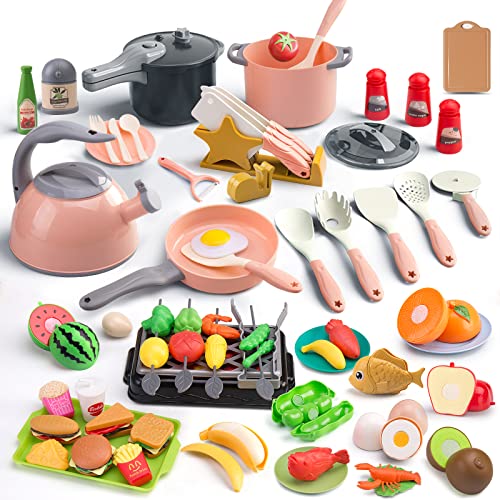 Zero Zoo 105Pcs Kids Kitchen Toy Accessories, Toddler Pretend BBQ Camping Cooking Playset, Play Pots, Pans, Utensils Cookware Toys, Play Food Set, Vegetables, Learning Gift for Girls Boys