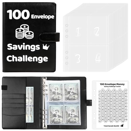 100 Envelopes Money Saving Challenge Binder, 2024 New A5 Budget Binder with Cash Envelopes, 6 Rings Savings Challenges Book, Laminated Budgeting Planning Tracker to Save $5050 Black