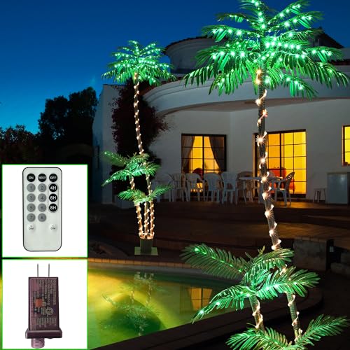 SOSHOT 7FT Lighted Artificial Palm Tree with Three Trunks and 260 LED Lights - Ideal for Outdoor/Indoor Use, Perfect for Tiki Bars, Patios, Homes, Offices, Beaches, Yards Pool, and Cruise Party