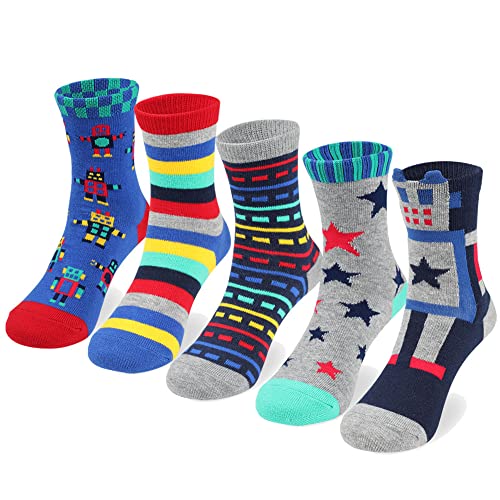 COTTON DAY Kids Boys Fun Novelty Crew Socks Colorful Pattern Design 6-8 Years Robot Stripes Size M (8)