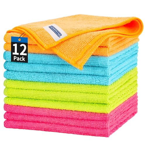 HOMERHYME Microfiber Cleaning Cloth, 12 Pack Cleaning Towels, 12' x 12' Dish Cloths, Lint Free Non-Abrasive Dusting Cloth, Washable Reusable All Purpose Wash Cloth for Kitchen Car House Office