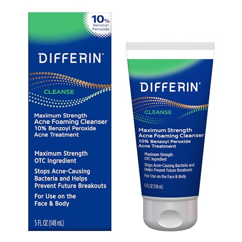 Differin Acne Face Wash with 10% Benzoyl Peroxide, Maximum Strength OTC Acne Foaming Cleanser, Fast Acting Acne Treatment for Face and Body, 5 oz.