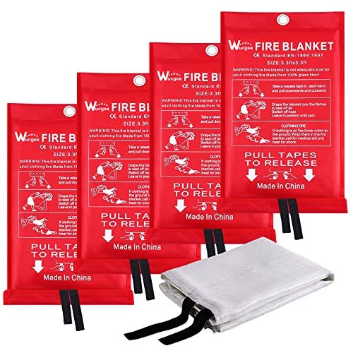 Wucgea Fire Blanket for Home and Kitchen - 4 pack Safety Fiberglass Emergency Fire Blankets Suppression Flame Retardant for School Fireplace Grill Car Office Garage Welding Warehouse 3.3ft x 3.3ft