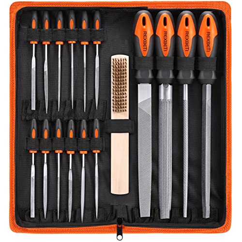 REXBETI 25Pcs Metal File Set, Premium Grade T12 Drop Forged Alloy Steel, Flat/Triangle/Half-round/Round Large File and 12pcs Needle Files with Carry Case, 6pcs Sandpaper, a brush,a pair working gloves