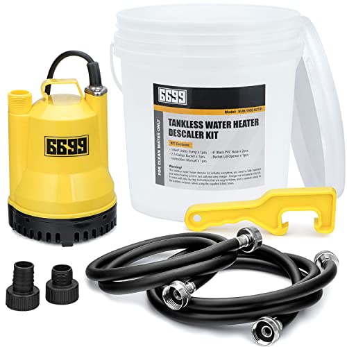 6699 Tankless Water Heater Descaling Flush Kit Includes Submersible Utility Pump with Adapters 3 Gallons Pail with Bucket Lid Opener and Two 3/4' GHT X 6FT PVC Black Hoses Easy Installation to Clean
