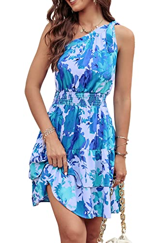 PRETTYGARDEN Women's Summer Tie One Shoulder Boho Floral Dress Elastic Waist Tiered Ruffle A Line Flowy Mini Dresses (Print Blue,Medium)