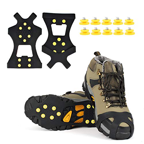 EONPOW Ice Grips, Ice & Snow Grips Cleat Over Shoe/Boot Traction Cleat Rubber Spikes Anti Slip 10 Steel Studs Crampons Slip-on Stretch Footwear (Size M)