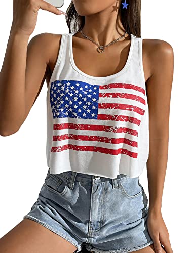 Women's 4th of July Tops Red White and Blue Shirts Patriotic Tank Tops American Flag Crop Tank Tops for Teen Girls (White,S)