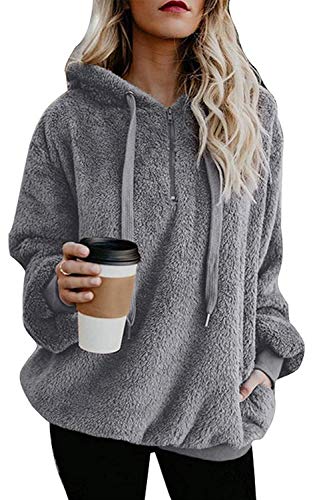 Yanekop Womens Sherpa Pullover Sweater Fuzzy Fleece Sweatshirt Oversized Hoodie Cozy Outerwear with Pockets(Light Gray,XL)