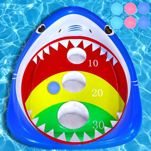 JOINBO Pool Shark Cornhole Board Games Toys Set, Summer Inflatable Shark Floating Swimming Pool Ring Toss Toys for Kids Adults Family for Pool Party Water Carnival-1