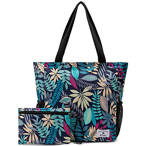 ETidy Large Capacity Foldable Tote Bag With Zipper Waterproof Sandproof Women Beach Bag Handbag Gym Bag Travel Shopping Bag (Tropical forest)