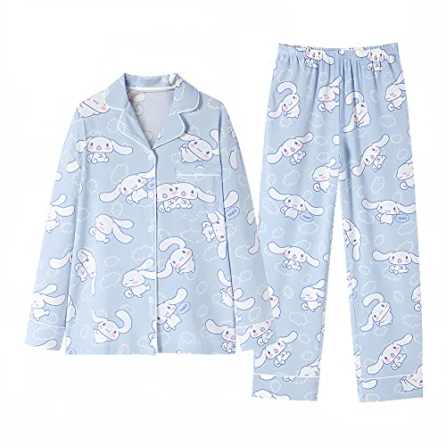 Cute Fashion Long Sleeve Cardigan Pajamas Set Kawaii Leisure Loose Two-Piece Sleepwear Set For Women Girls-S Blue