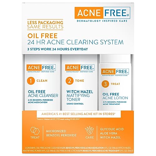 Acne Free 3 Step 24 Hour Acne Treatment Kit - Clearing System W Oil Free Acne Cleanser, Witch Hazel Toner, & Oil Free Acne Lotion - Acne Solution W/ Benzoyl Peroxide for Teens and Adults - Original