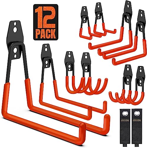 Garage Hooks, 12 Pack Wall Storage Hanger with 2 Extension Cord Straps, Heavy Duty Tool Holder for Utilities Organization, Wall Mount Rack for Garden Lawn Tools, Ladders, Bike, Ski (Orange)