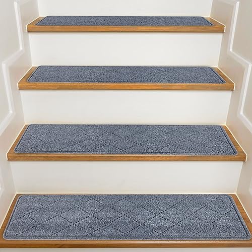 Stair Treads for Wooden Steps Indoor, KOOTETA 15 Pack 8' X 30' Non Slip Carpet Stair Treads with Reusable Adhesive for Kids Elders and Dogs, Surface Polyester TPR Backing Stair Rugs, Dark Grey