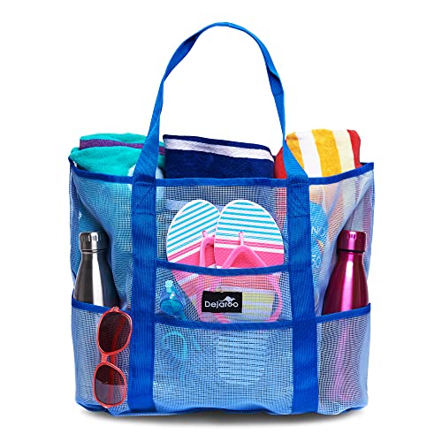 Dejaroo: Mesh Sand Free Bag - Strong Lightweight Tote For Beach & Vacation Essentials. Tons of Storage with 8 Pockets, Foldable, 17x9x15 inches, Blue with Blue Straps