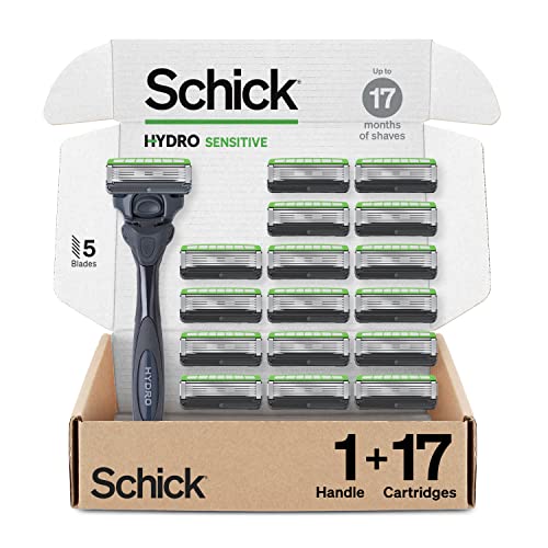 Schick Hydro Sensitive Razor, 1 Razor Handle and 17 Cartridges | Razors for Men Sensitive Skin, 5 Blade Razor Men, Mens Razors for Shaving, Razor Blades for Men, 1 Handle with 17 Razor Blades Refills