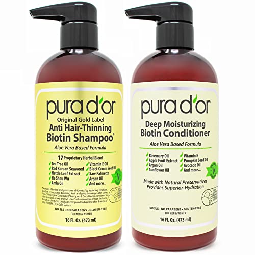 PURA D'OR Anti-Thinning Biotin Shampoo & Hair Regrowth Conditioner Original Gold Label Set (16Oz x2) Natural Earthy Scent, Clinically Tested Proven Results, DHT Blocker Thickening, For Women & Men