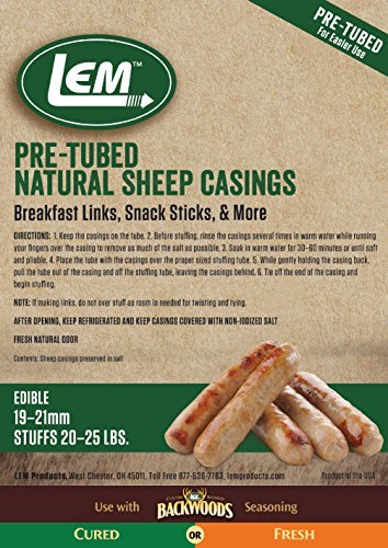 LEM Products Pre-Tubed Natural Sheep Casings, 19-21mm, Edible Sausage Casings, Stuffs Approximately 20-25 Pounds, Great for Snack Sticks, Breakfast Sausage Links, and More, 6.7 Ounce Package