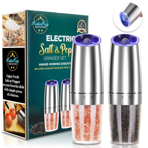 Electric Salt and Pepper Grinder set of 2, Automatic Salt and Pepper Mill Grinder, Adjustable Roughness, Battery Powered with Blue LED Light, Stainless Steel with One Hand Operation (Sliver)