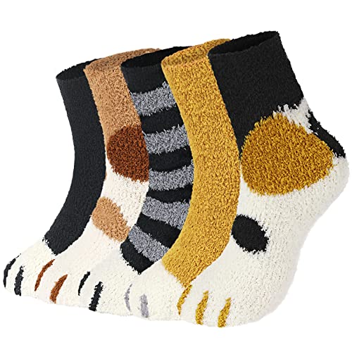 Trifabricy Fuzzy Socks for Women - 5 Pair Fuzzy Socks, Cute Funny Cat Fluffy Socks, Women's Warm Soft Cozy Cat Paw Socks, Funny Novelty Socks, Slipper Socks for women