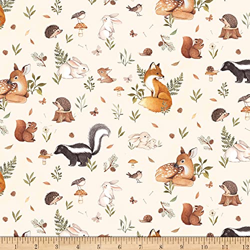 Dear Stella Digital Little Fawn & Friends Forest Critters Cream, Fabric by the Yard