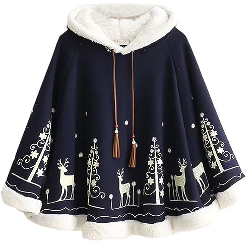 Flygo Women's Cute Fleece Lined Hooded Shawl Poncho Cloak Christmas Tree & Deer Pullover (One size (Less than 154lb), Dark blue)