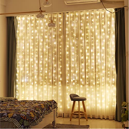 ZSJWL 300 LED Curtain Fairy Lights with Remote, 8 Modes 9.8 × 9.8 Ft, USB Plug in Copper Wire String Lights for Bedroom Window Chrismas Wedding Party, Warm White