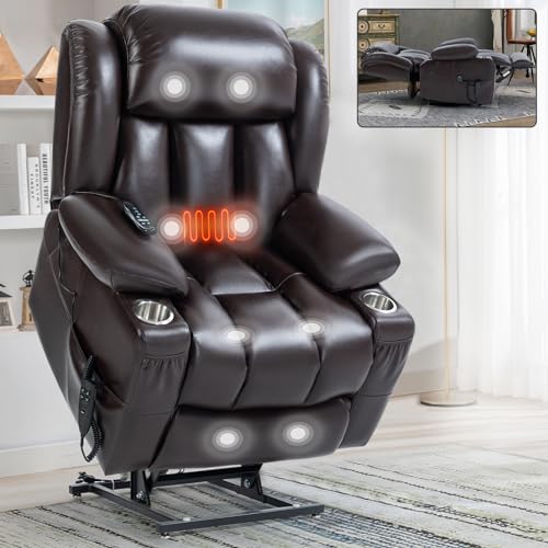 MUXINHOME Electric Dual Motor Infinite Position Up to 350 LBS Leatheraire Power Lift Recliner Chair, Heavy Duty Motion Mechanism with 8-Point Vibration Massage and Lumbar Heating Brown