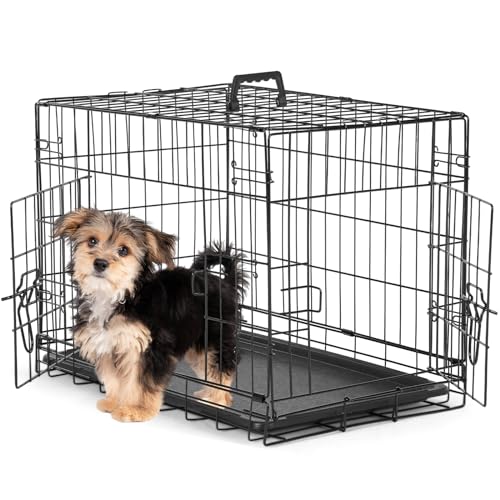 Sweetcrispy Small Dog Crate with Divider Panel,24 Inch Double Door Folding Metal Wire Dog Cage with Plastic Leak-Proof Pan Tray, Pet Kennel for Indoor, Outdoor, Travel