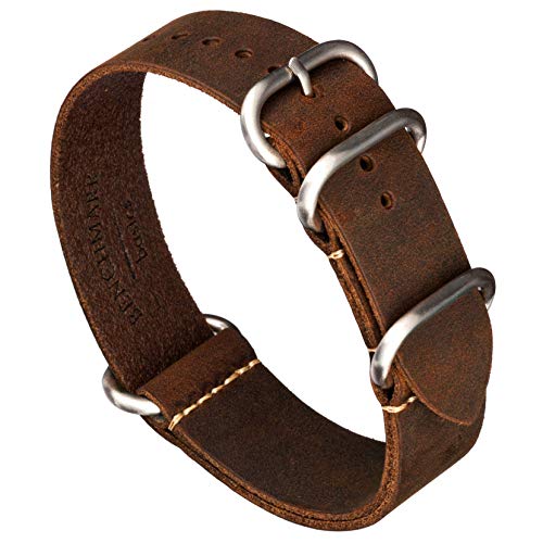 Benchmark Basics Leather Watch Band - Zulu Crazy Horse Oiled Leather One-Piece Watch Strap - 22mm Dark Brown