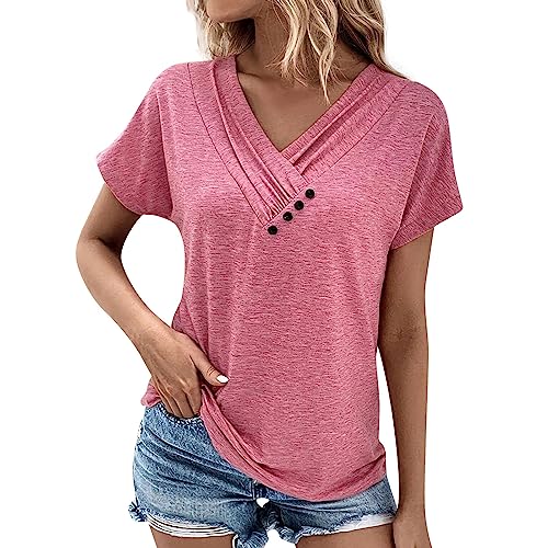 Cracker Barrel Store Gifts,Womens Shirts 3 4 Sleeve Ladies Casual V Neck Short Sleeve T Shirt Pleated Solid Color Button Top (Red-c, S)