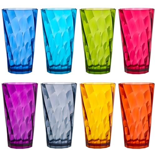 US Acrylic Optix Plastic Reusable Drinking Glasses (Set of 8) 20oz Water Cups in Jewel Tone Colors | BPA-Free Tumblers, Made in USA | Top-Rack Dishwasher Safe