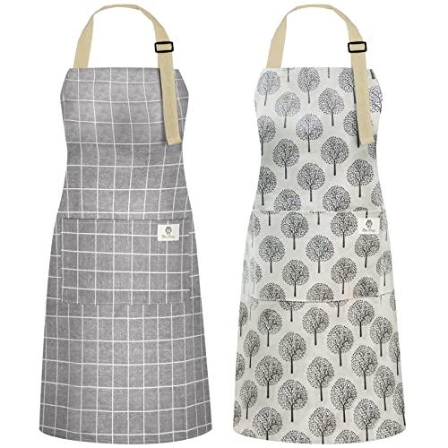 NLUS 2 Pack Waterproof Cooking Aprons, Adjustable Bib Soft Chef Apron with 2 Pockets for Men Women (Gray Stripe/Gray Trees)