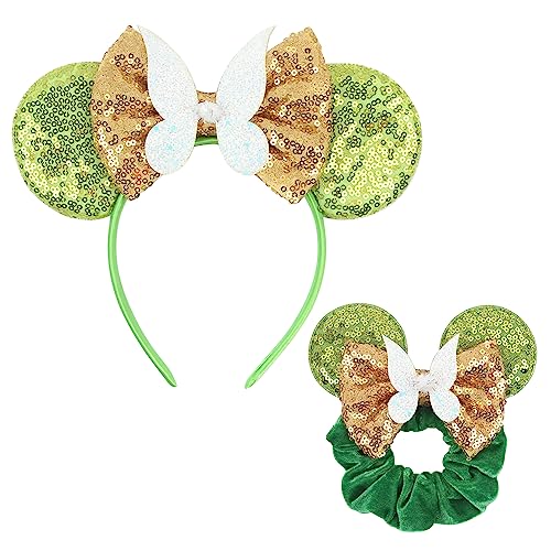 zhezesmila Mouse Ears Headband Tinkerbell Scrunchies Rapunzel Princess Sequin Ears Headband Party Costume Hair Accessories with Glitter Green Bow Headwear Decoration for Girls & Women