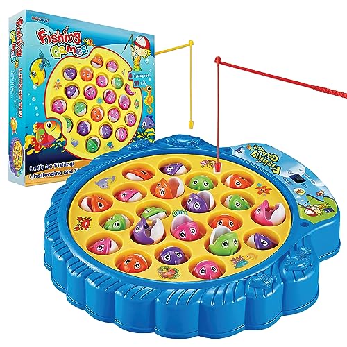 Haktoys Fishing Game Play Set Includes 21 Fish and 4 Fishing Poles on Rotating Board with Music On/Off Switch for Quiet Play | Board Game for 1-4 Players