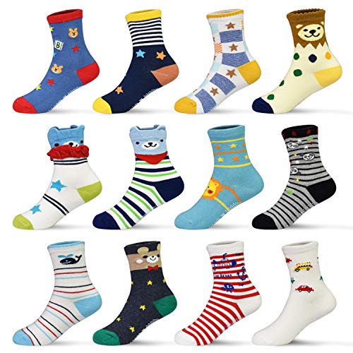 SkiBeaut Toddler Socks 12 Pairs Non Slip Skid Socks For Kids Baby Girls Boys Grips Cotton Crew Socks For 5-7 Years Old