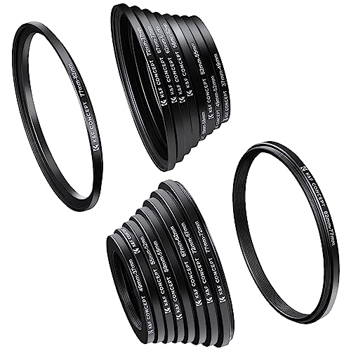 K&F Concept 18 Pieces Filter Ring Adapter Set, Camera Lens Filter Metal Stepping Rings Kit (Includes 9pcs Step Up Ring Set + 9pcs Step Down Ring Set) Black