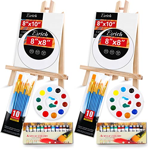 ESRICH Acrylic Paint Canvas Set,52 Piece Professional Painting Supplies Kit with 2 Wood Easel,2 * 12Colors,2 * 10 Brushes,Circular Canvas Etc,Premium Paint Kit for Kids,Students, Artists and Beginner