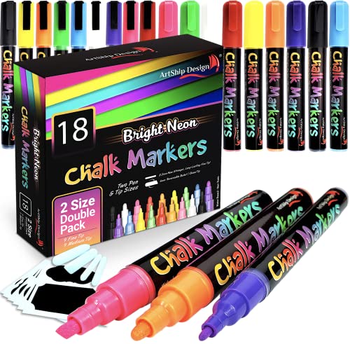 18 Classic Neon Chalk Markers Double Pack of Both Fine and Reversible Medium Tip Liquid Chalk Pens Wet Erasable - Menu Boards, Glass, Windows, White/Chalk Boards, Classrooms, Mirrors, Plastic