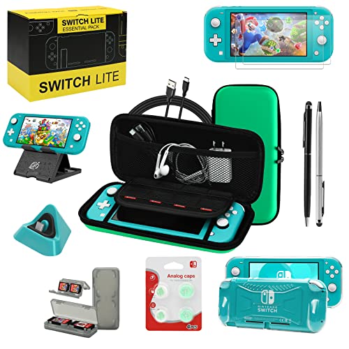 Switch Lite Accessories Bundle, Kit with Carrying Case,TPU Case Cover with Screen Protector,Charging Dock,Playstand, Game Card Case, Cable, Stylus,Thumb Grip Caps for Nintendo Switch Lite (Green)