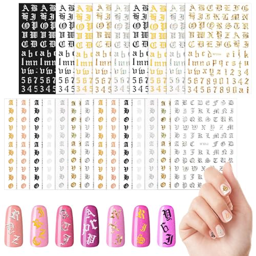 24 Sheets Old English Nail Sticker Holographic Letter Nail Stickers Nail Letter Stickers Old English Alphabet Nail Decals for DIY Women Girls Nail Decoration (Classic Colors)