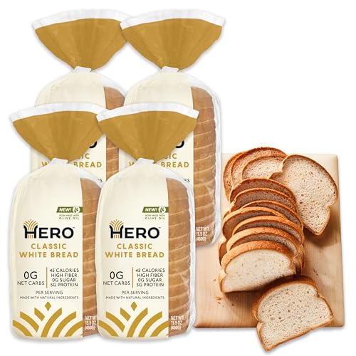 Hero Classic White Bread — Delicious Bread with 0g Net Carb, 0g Sugar, 45 Calories, 11g Fiber per Slice | Tastes Like Regular Bread | Low Carb & Keto Friendly Bread Loaf —15 Slices/Loaf, 4 Loaves