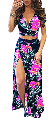 Aro Lora Women's Sexy V Neck Floral Printed Side Slit Two-Piece Maxi Dress Medium Rose