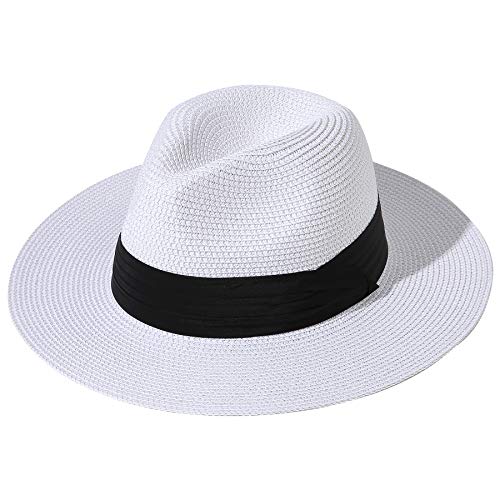 Lanzom Women Wide Brim Straw Panama Roll up Hat Fedora Beach Sun Hat UPF50+ (White)