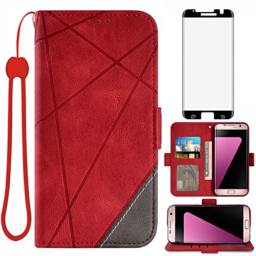 Compatible with Samsung Galaxy S7 Edge Wallet Case and Tempered Glass Screen Protector Flip Cover Card Holder Stand Cell Phone Cases for Glaxay S7edge Gaxaly S 7 Plus Galaxies GS7 7s 7edge Women Red